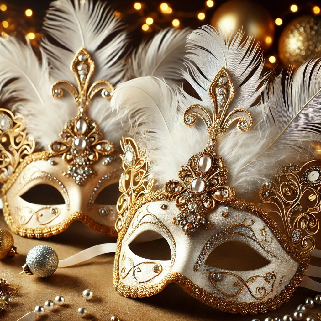 Two elegant white and gold masquerade masks with feathers for New Year's Eve London Silver Dinner & Party ticket for 2 guests