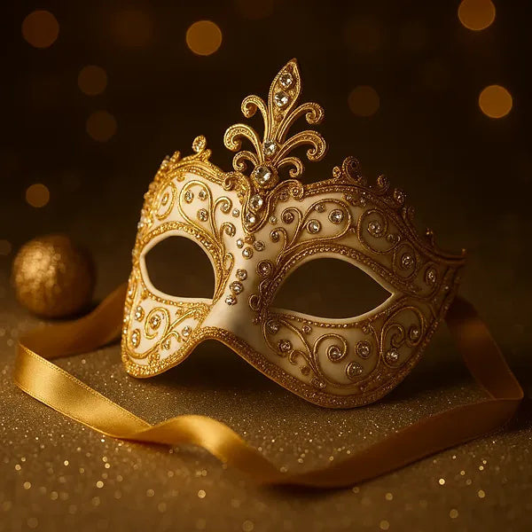 An ornate gold and cream masquerade mask with intricate scrollwork, rhinestone embellishments, and a decorative crest, resting on a glittery gold surface with a gold ribbon and soft bokeh lights in the background.