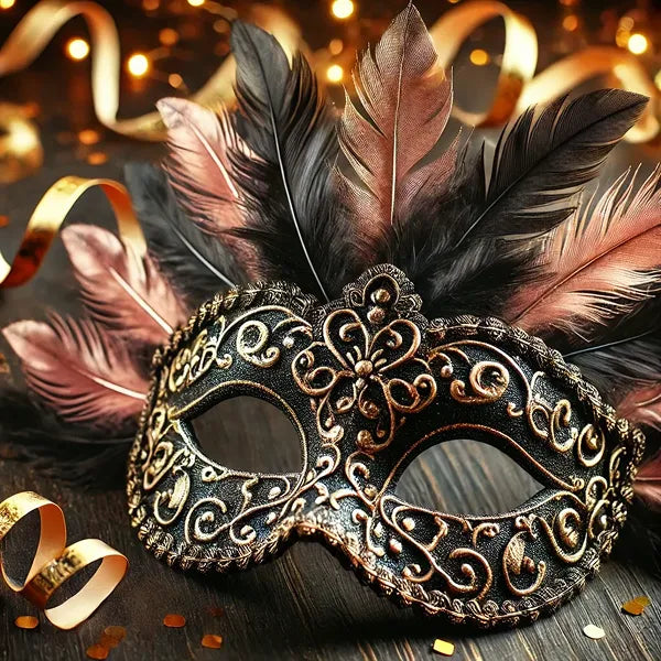 An ornate masquerade mask with black and gold filigree detailing, decorated with tall black and bronze feathers, set against a dark wooden background with gold ribbons and bokeh lights.