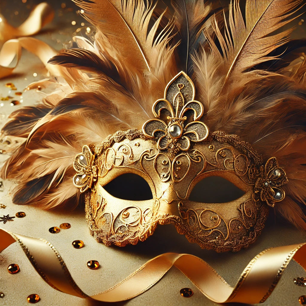 A decorative mask with gold and brown colors, featuring intricate patterns and feather-like textures, likely for a themed dinner and after-party event.