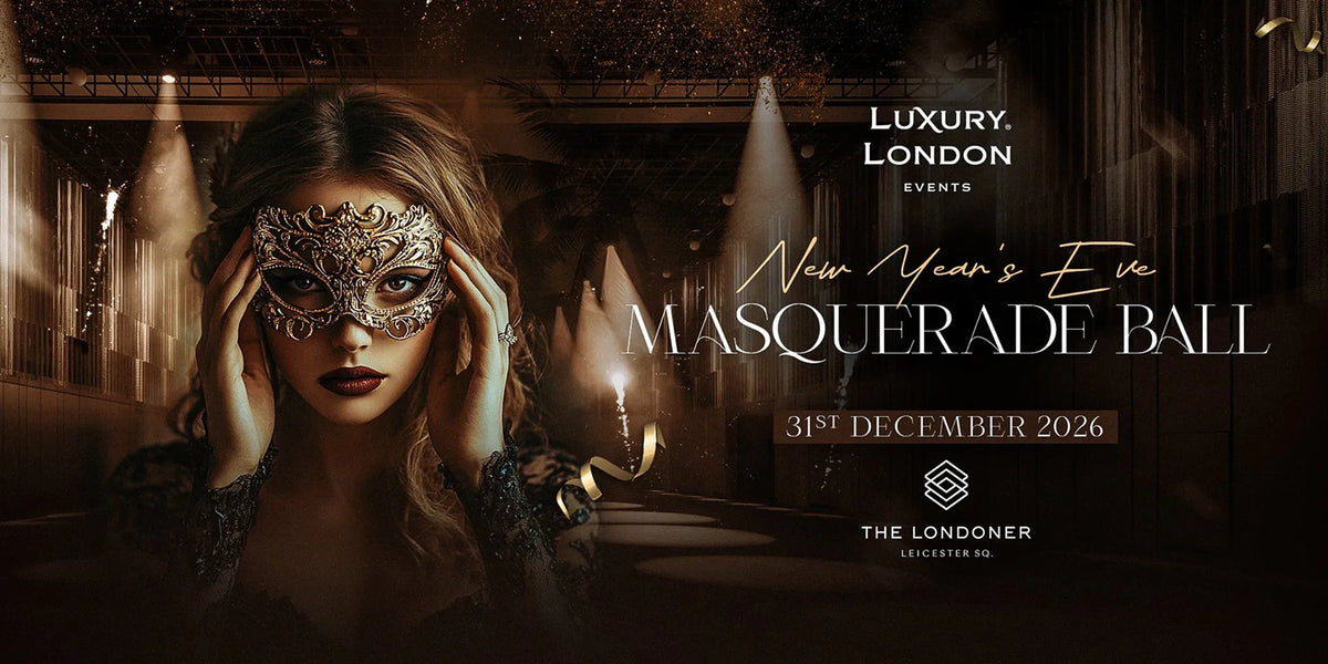 Promotional poster for a New Year's Eve Masquerade Ball event at The Londoner, featuring a woman in a mask.
