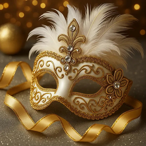 An elegant white and gold masquerade mask with feathers for the New Year’s Eve London Young Adult Silver ticket
