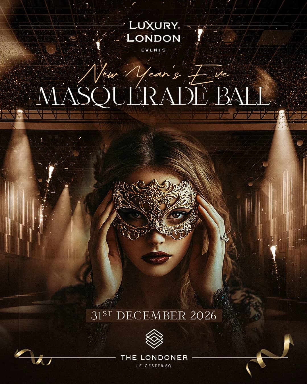 Promotional banner for the New Year’s Eve London Young Adult Silver ticket, featuring a woman in a gold masquerade mask at The Londoner, Leicester Square